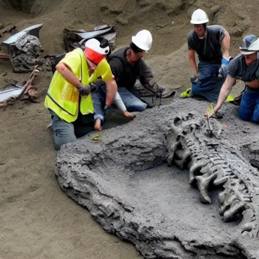 Image similar to archeologists finding a huge Godzilla fossilized fossil skeleton,