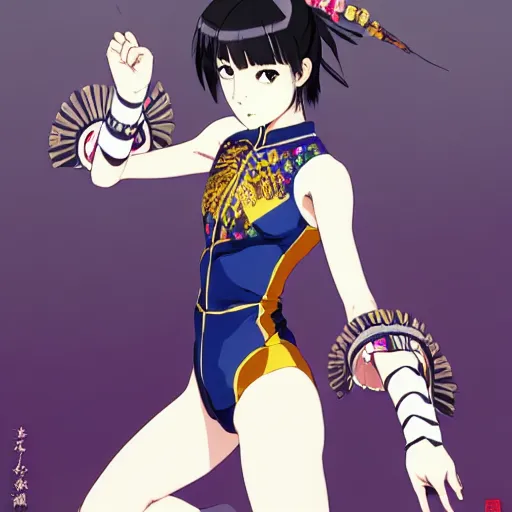 Prompt: a beautiful boyish cassandra cain emma watson alluring gravure model, wearing japanese hiphop leotard outfit with subtle mayan patterns and native fashion, aztec chef shaman clothes, bulky jrpg armor, gapmoe yandere grimdark, trending on pixiv fanbox, painted by greg rutkowski makoto shinkai takashi takeuchi studio ghibli, akihiko yoshida