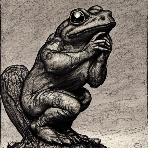 Prompt: toad philosopher toad in a pose The Thinker, in detail swamp, by Auguste Rodin, illustrations by irish fairy tales james stephens arthur rackham, fairy tale illustrations, top cinematic lighting , cinematic mood, very detailed, shot in canon,