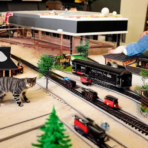 Image similar to a huge model railroad scene built on top of a ping pong table, it is being attacked by many cats,