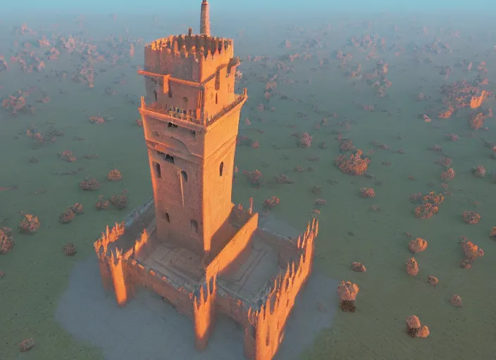 Image similar to overhead view of the great tower of the south in the desert of duhnes medium shot, studio ghibli, pixar and disney animation, sharp, rendered in unreal engine 5, anime key art by greg rutkowski, bloom, dramatic lighting