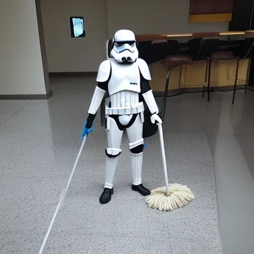 Prompt: a stormtrooper mopping the floor