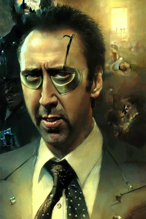 Prompt: nic cage pickle wearing an eye patch and a suit and tie extreme detail portrait dnd, painting by gaston bussiere, craig mullins, greg rutkowski, yoji shinkawa