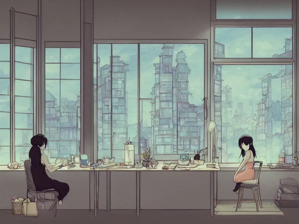 Image similar to beautiful drawing of a lonely female in her studio apartment sitting at her computer desk which is in front of a window which looks out to a futuristic city at night, japan, anime manga style, illustration, in the style of ghibli and hayao miyazaki and satoshi kon and shinichiro watanabe and makoto shinkai