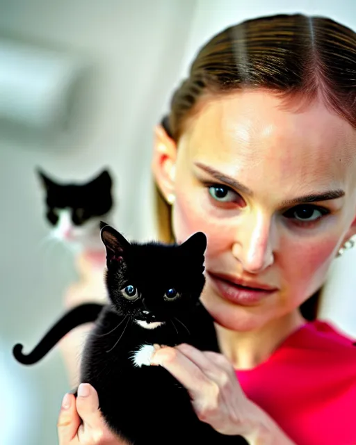 Image similar to a girl looking like natalie portman, holding a robotic kitten. 8k, sharp high quality