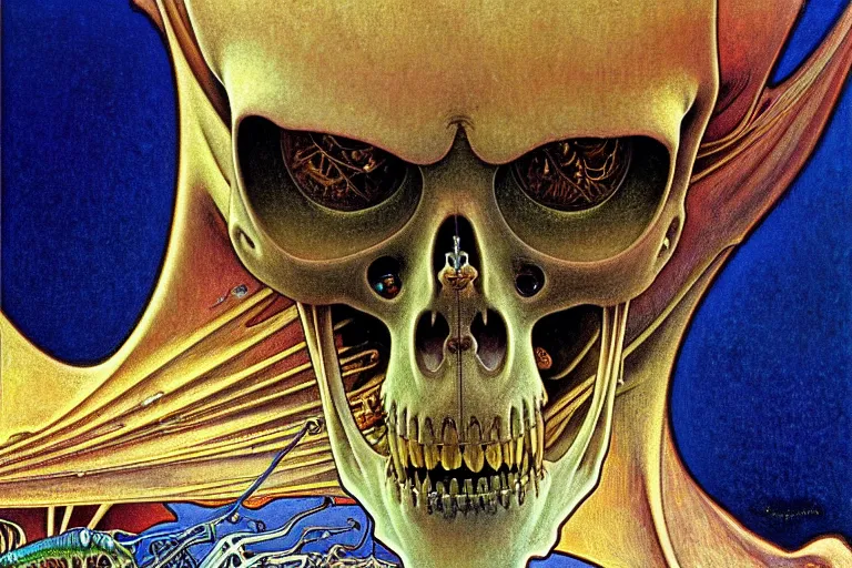 Image similar to realistic detailed closeup portrait painting of a single skeleton wearing a cape in a crowded futuristic street by Jean Delville, Amano, Yves Tanguy, Alphonse Mucha, Ernst Haeckel, Edward Robert Hughes, Roger Dean, rich moody colours, blue eyes