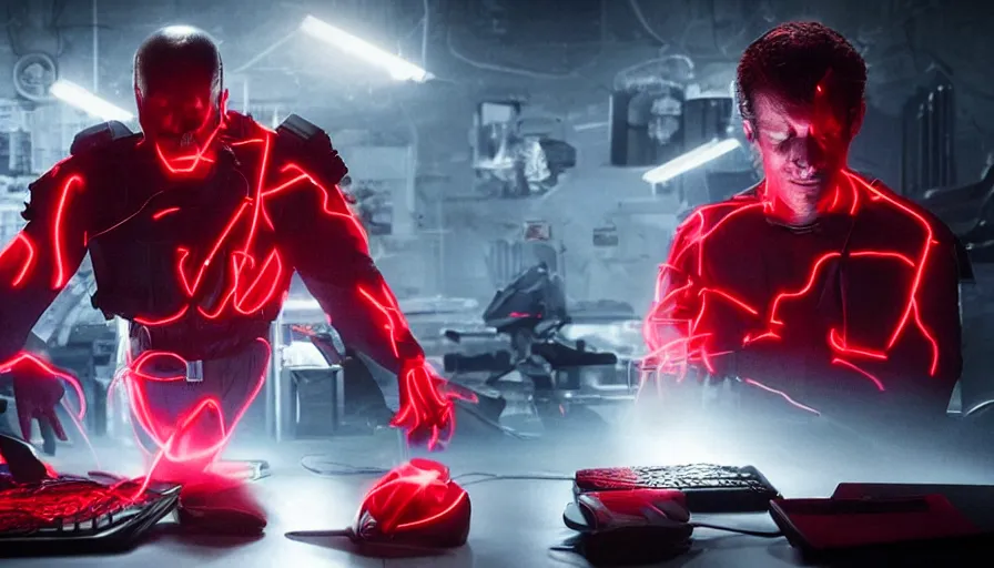 Image similar to big budget action movie about an evil scientist using a computer, a red glow is coming from the screen