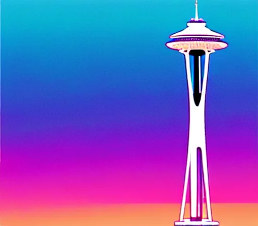 Prompt: a beautiful and immaculate balanced vaporwave ombre scene depicting outrun and the space needle