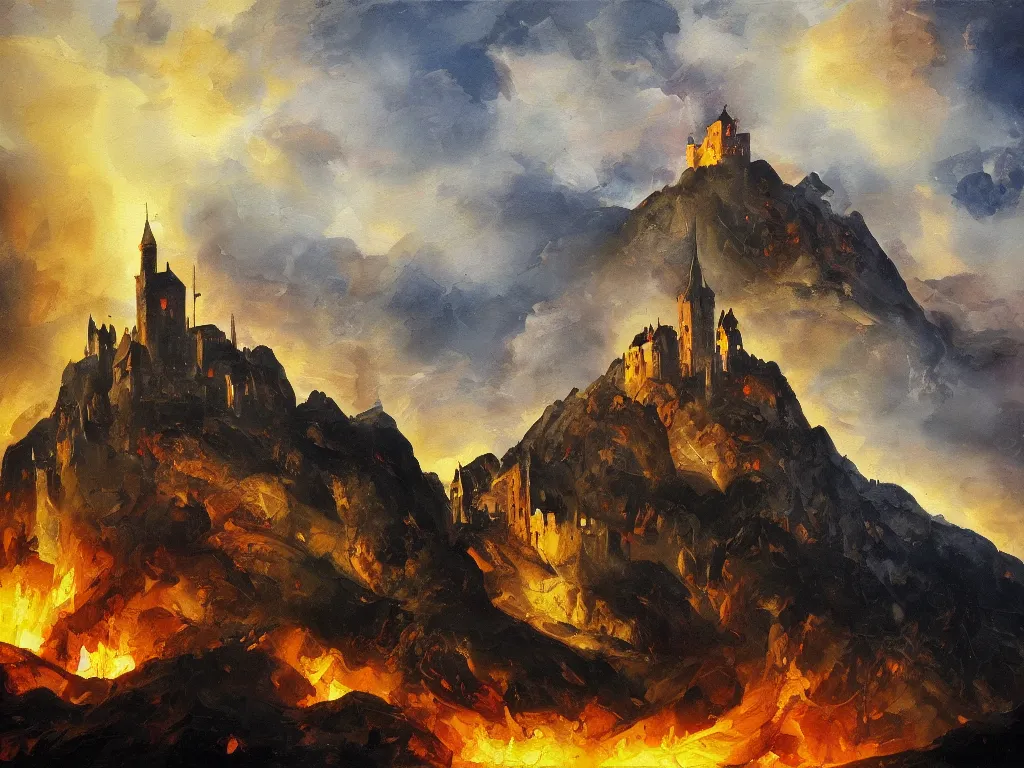 Image similar to modern stylized oil painting of medieval castle on mountain, fire, american romanticism by goya, bright art, cinematic dramatic lighting