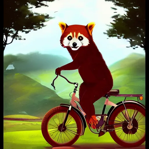 Prompt: a red panda drive with a bicycle through a wonderful landscape artstation