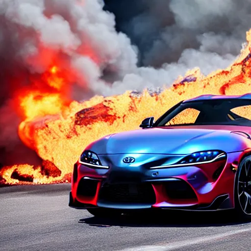 Image similar to Toyota Supra driving trough fire, 8k UHD, studio photography, high quality, high detail, stunning lighting