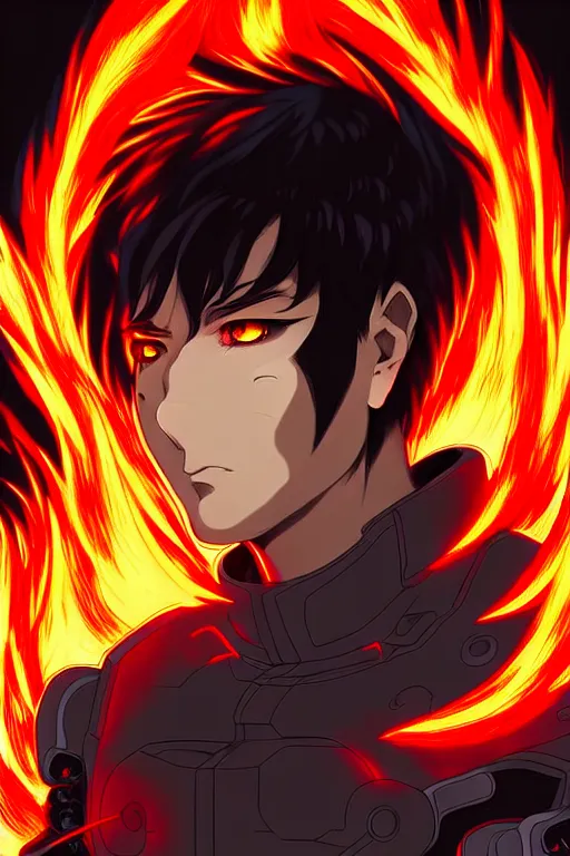 Prompt: a detailed manga full body portrait illustration of a dark haired cyborg anime man surrounded by fire, detailed artwork, realism, 4 k resolution, detailed, high quality, sharp focus, hq artwork, insane detail, volumetric lighting, character concept art, fine details, clear subject, central subject