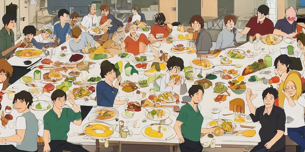 Image similar to drawing of work colleagues of a design studio get together to feast on a big table with lots of food in the style of studio ghibli