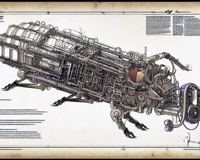 Image similar to a full page of a mechanical blueprint showing a cutaway design for a mechanized coyote from howl's moving castle ( 2 0 0 4 ), with a big head, muted colors, post grunge, studio ghibli, hq,