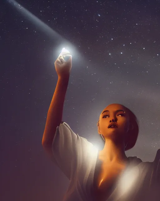 Image similar to kipo standing under the stars with an arm raised to the night sky, in professional makeup, dramatic lighting, by radford sechrist, 4 k, trending on artstation