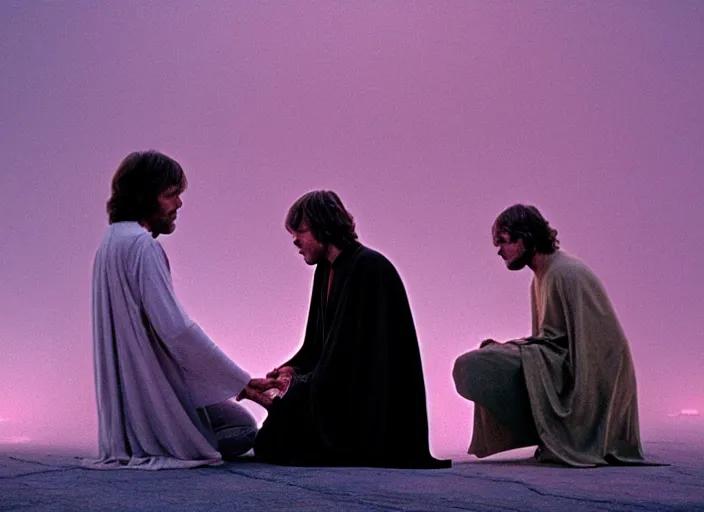 Image similar to Luke skywalker kneels before a strange jedi oracle, a mystic with infinite knowledge of time. in a foggy pink land. still from the 1983 film directed byalejandro jodorowsky. holy mountain, Photographed with Leica Summilux-M 24 mm lens, ISO 100, f/8, Portra 400