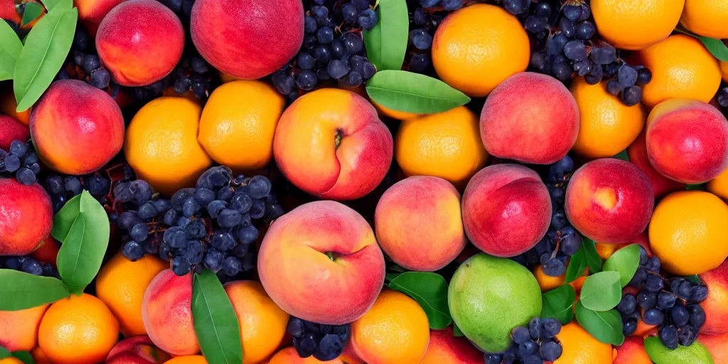 Prompt: assorted healthy citrus fruits on bright red background. ripe peaches, apples, oranges, bananas, grapes and avocado for your healthy nutrition