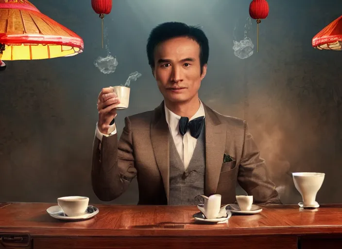 Image similar to A very high resolution image from a new movie, A Weasel wearing a suit drinks tea in a shabby Chinese room, surrounded by water vapor,beatiful backgrounds,dramatic Lighting, directed by hao ning