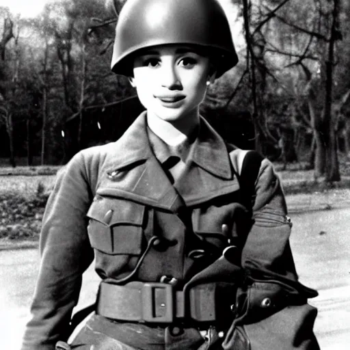 Prompt: ariana grande as a german solider in world war 2 taken with a 1 9 4 0's camera