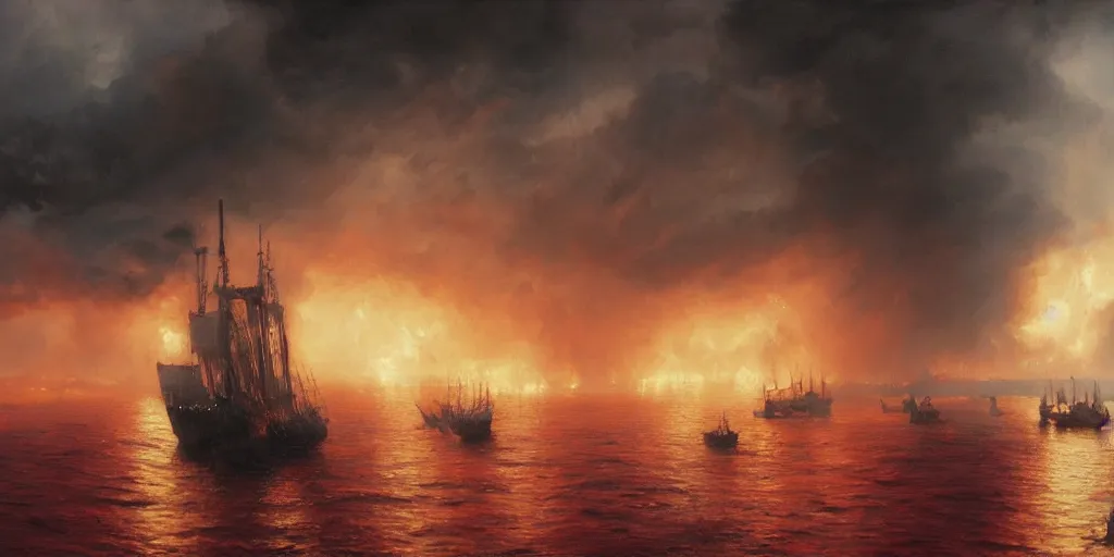 Prompt: Hyper realistic oil painting of several medieval ships burning and being sunk, pillars of dark smoke rising from the ships, dark red fire burning in the background, stormy weather, dark storm clouds above, highly detailed, fog, red cinematic lighting, atmospheric, by Greg Rutkowski, trending on artstation