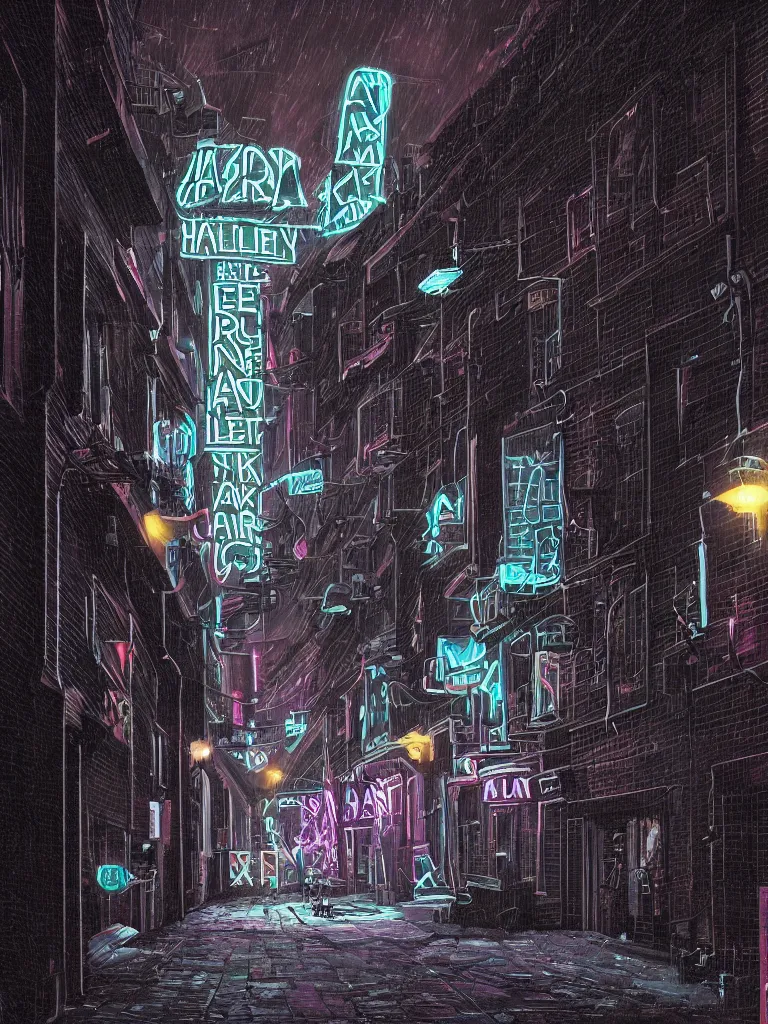 Image similar to a dark alley with a nightclub with neon signs in the style of simon stalenhag