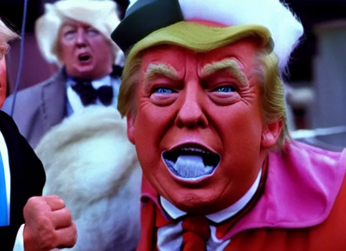 Image similar to film still of Donald Trump as a oompa loompa in Willy Wonka's and the Chocolate Factory 1971