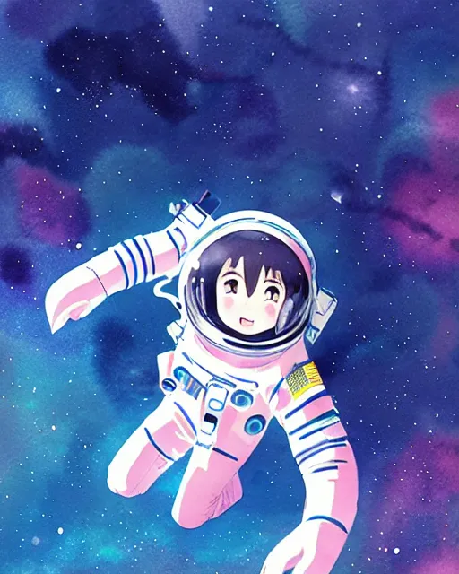 Prompt: oriental water color of a cute female astronaut, floating through space, backlit, by makoto shinkai