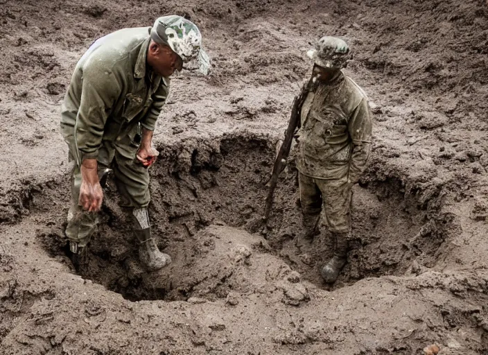 Prompt: a man wearing a dirty gray soldiers uniform stands in an 8 foot deep muddy pit