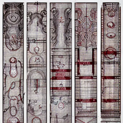 Image similar to simple blueprint drawings of spells, red symbols, blueprint red ink, calotype, lost grimoire, found papers, black paper, symmetry, RED writing, decay, full page writings, ornate borders + concept art, intricate writing, artstation, junji ito