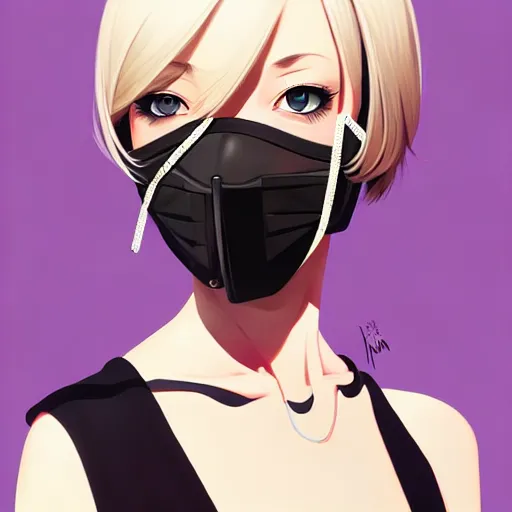 Image similar to urban girl fanart with black facemask, blond bob haircut, muted colors, matte print, pastel colors, ornate, digital art, cute smile, digital painting, fan art, elegant, pixiv, by ilya kuvshinov, by studio ghibli