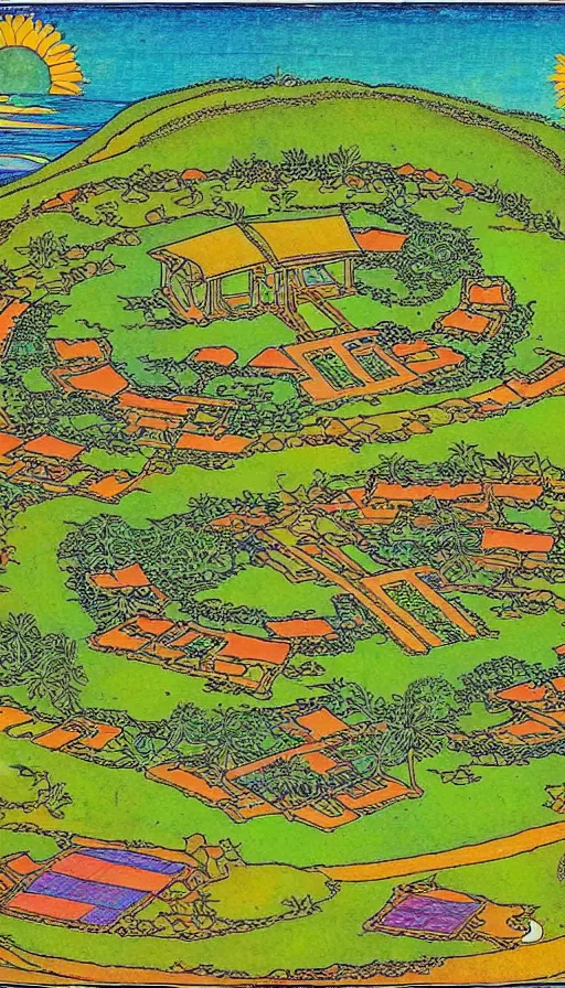 Image similar to ecovillage monastery on hawaii, solarpunk, permaculture, by ivan bilibin,