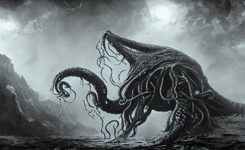 Prompt: cthulhu underwater looking up. matte painting.
