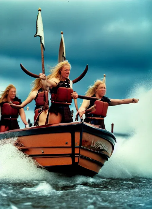 Image similar to photo of viking women in speed boats invading scottland, hyperrealism, fujifilm velvia 5 0