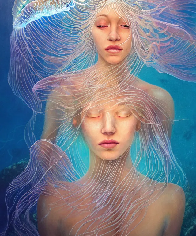 Prompt: underwater portrait of a goddess mermaid with (reaction diffusion) scaled fish skin Bioluminescent phoenix jellyfish, phoenix fire, chimera, energy rays, Her breath shot a haze of steam out into the frosty morning air concept, soft light, soft mood, realistic body features and face, illustration,intricate ornament halo, painting oil on canvas by Elena Zhurikhina and Goro Fujita and Charlie Bowater, octane render trending on artstation, 4k, 8k, HD
