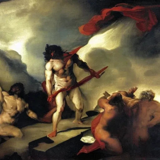 Prompt: zeus vs odin by francisco goya, mythological painting, oil painting