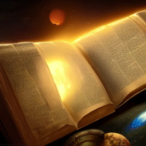 Image similar to long shot of an ancient book on a vintage table in space, concept art, sci - fi illustration, painting, realistic, global illumination, radiant light, detailed and intricate environment, 8 k, h 6 4 0