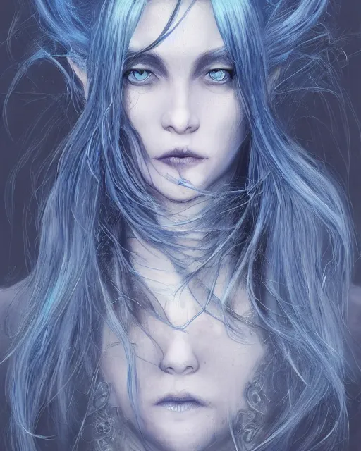 Prompt: portrait of a ranni the witch from elden ring, blue hair, elegant, beautiful, mesmerizing, concept art, highly detailed, artstation, behance, deviantart, trending, ayami kojima, shinichi sakamoto, kaoru mori