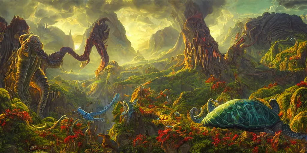 Image similar to fantasy oil painting, great leviathan, cybernetic turtle cephalopod terrapin reptilian pachyderm squid, bella hadid, hybrid, milla jovovich, anubis, epic natural light, lush plants flowers, spectacular mountains, bright clouds, luminous sky, outer worlds, golden hour, michael cheval, edward hopper, michael whelan, vray, hd