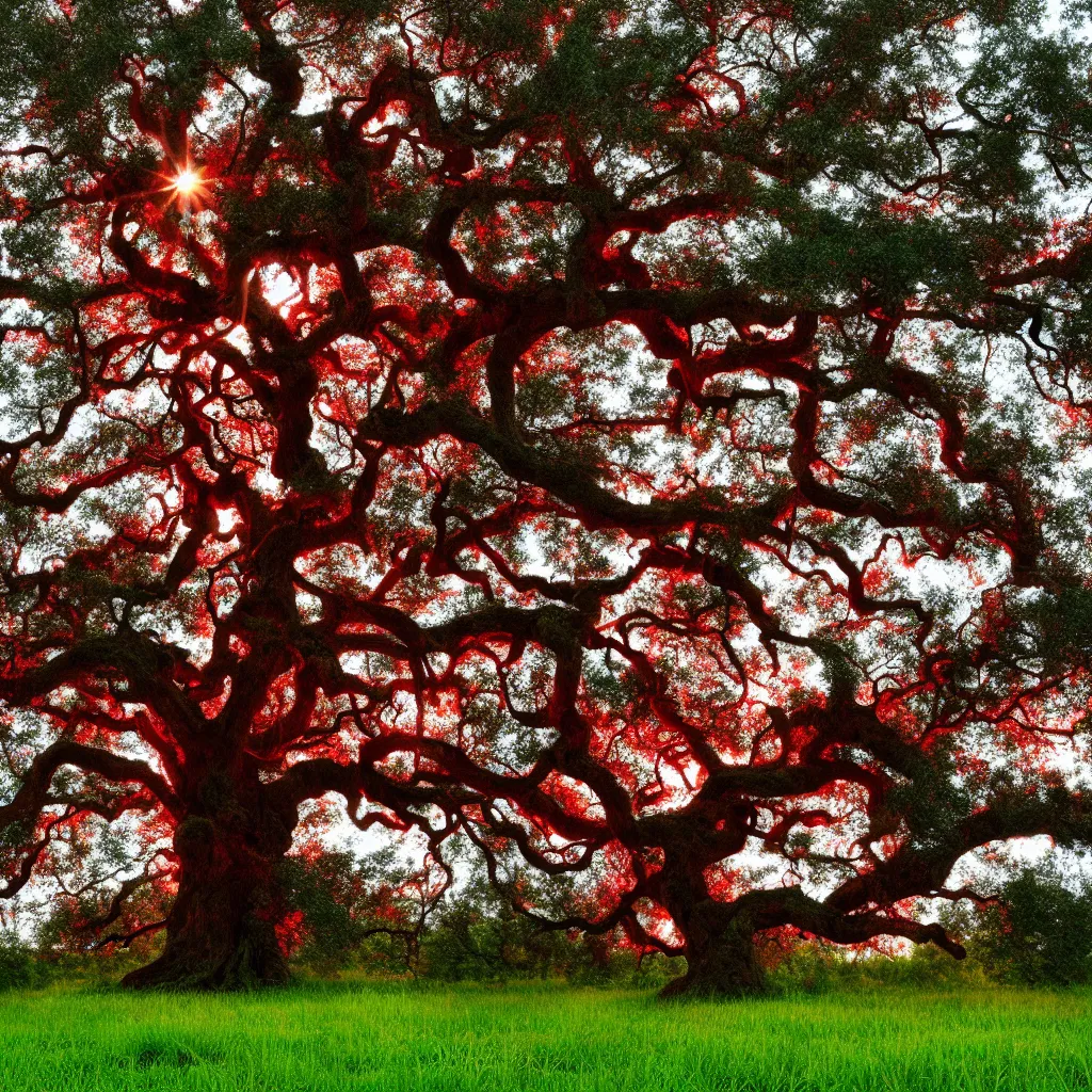 Prompt: old oak tree with thick vibrant red heart shaped foliage, the tree growing on a meadow, cinematic lighting, photo realistic image, 4K, super detailed, cinematic look