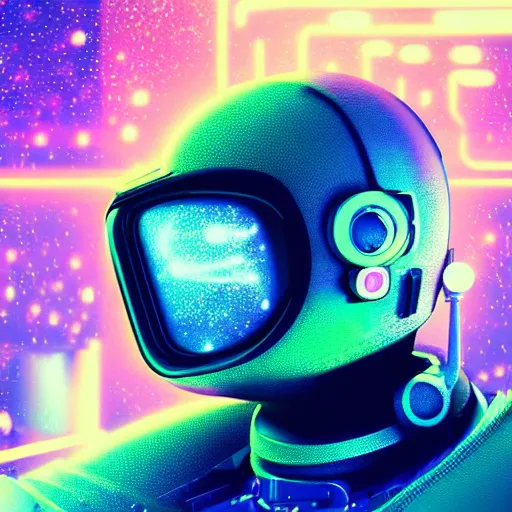 Prompt: cyberpunk astronaut bot, cinema 4 d, galaxy space sci - fi, wearing vr goggles, illustration, portrait, pastel neon textured background night, detailed,