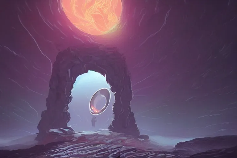 Prompt: a single distant fleshy glowing portal opens up in an otherwise dark and desolate landscape : retro, sci - fi, concept art