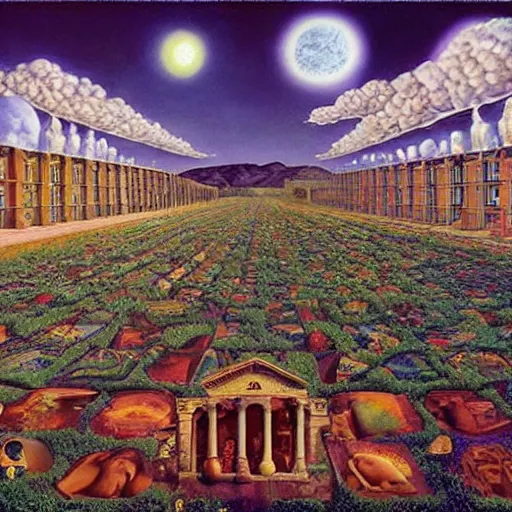 Prompt: psychedelic visionary art by paul delvaux, james christensen, rob gonsalves and tim white