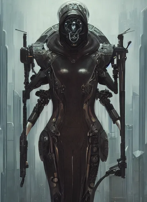 Image similar to a cyborg with mask, black leather garment with art nouveau ivory accessories, cyberpunk, darksynth, luxury, concept art by jama jurabaev, extremely detailed, ominous, ethereal, artstation, andree wallin, edvige faini, balaskas, alphonse mucha