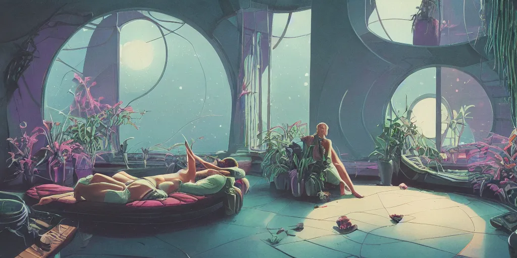 Prompt: illustrated figures relaxing in 90s interior with organic circular windows, natural starlight, bright colors, romantic greenery, flowers, cinematic, cyberpunk, smooth, chrome, lofi, nebula, calming, dramatic, fantasy, by Moebius, by zdzisław beksiński, fantasy LUT, studio ghibli, high contrast, epic composition, sci-fi, dreamlike, surreal, angelic, 8k, unreal engine, hyper realistic, fantasy concept art,