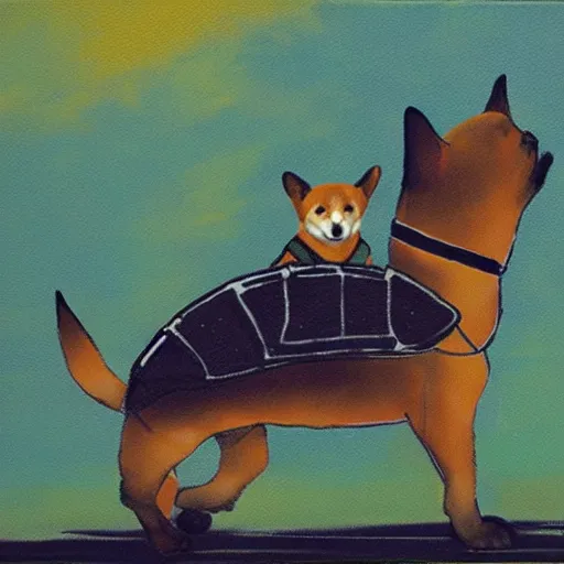 Image similar to shiba inu riding a war tortoise into battle, abstract painting