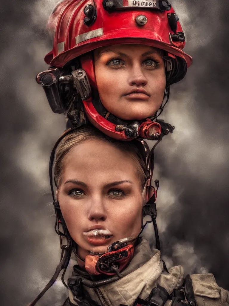 Image similar to intense close up portrait of beautiful woman fire fighter by disney concept artists, blunt borders, rule of thirds