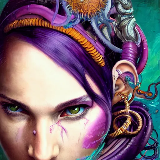 Image similar to art portrait of a furious girl with purple tentacles on her head,8k,by tristan eaton, Stanley Artgermm,Tom Bagshaw,Greg Rutkowski,Carne Griffiths,trending on DeviantArt, face enhance,hyper detailed ,full of colour,