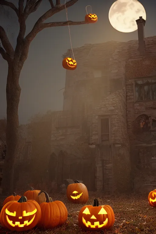 Image similar to halloween trick or treating, octane, render, 8 k, rendered in cinema 4 d, 8 k 3 d, zbrush, volumetric light, lightrays, cinematic, atmospheric, octane render, filmic, cryengine