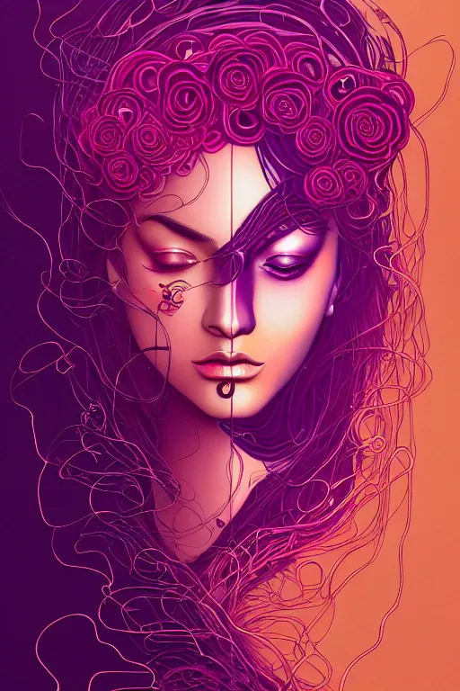 Image similar to 👁👩🏾🌹👾, phantom, dreary, dramatic, fluid, golden ratio, artstation, moebius + loish, hd, long vines,