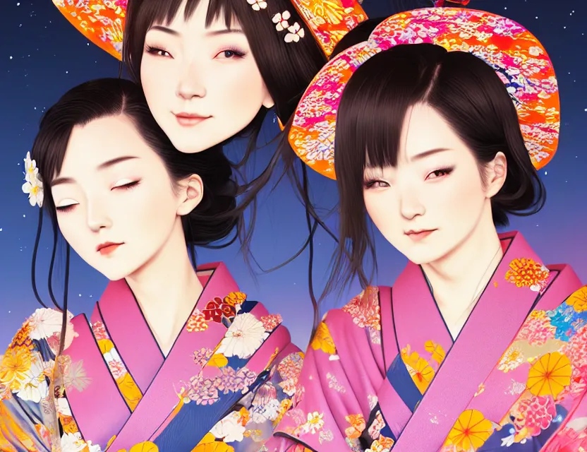 Image similar to two beautiful charming japan girls wear arty kimono in festival | | sunny night, full moon, dreamlike art, realistic shaded, smile, good looking, hyper details, 4 k realistic, cryengine, realistic shaded lighting poster by ilya kuvshinov, fuji choko, ross tran, 8 k resolution, trending on artstation, luxury